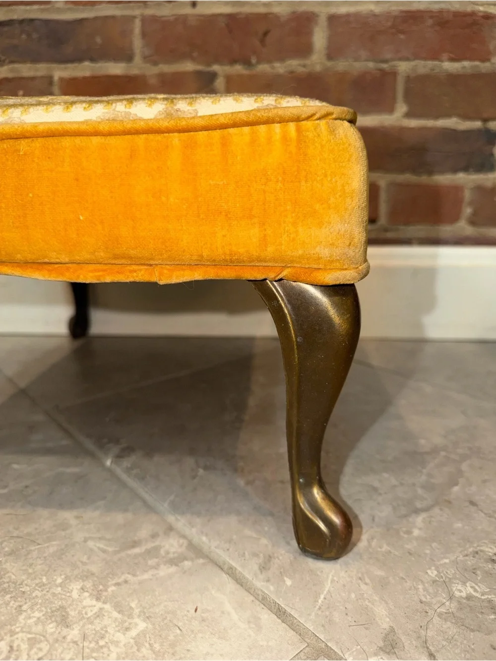 MCM‎ Small Gold Cut Velvet Brass Leg Footstool Ottoman